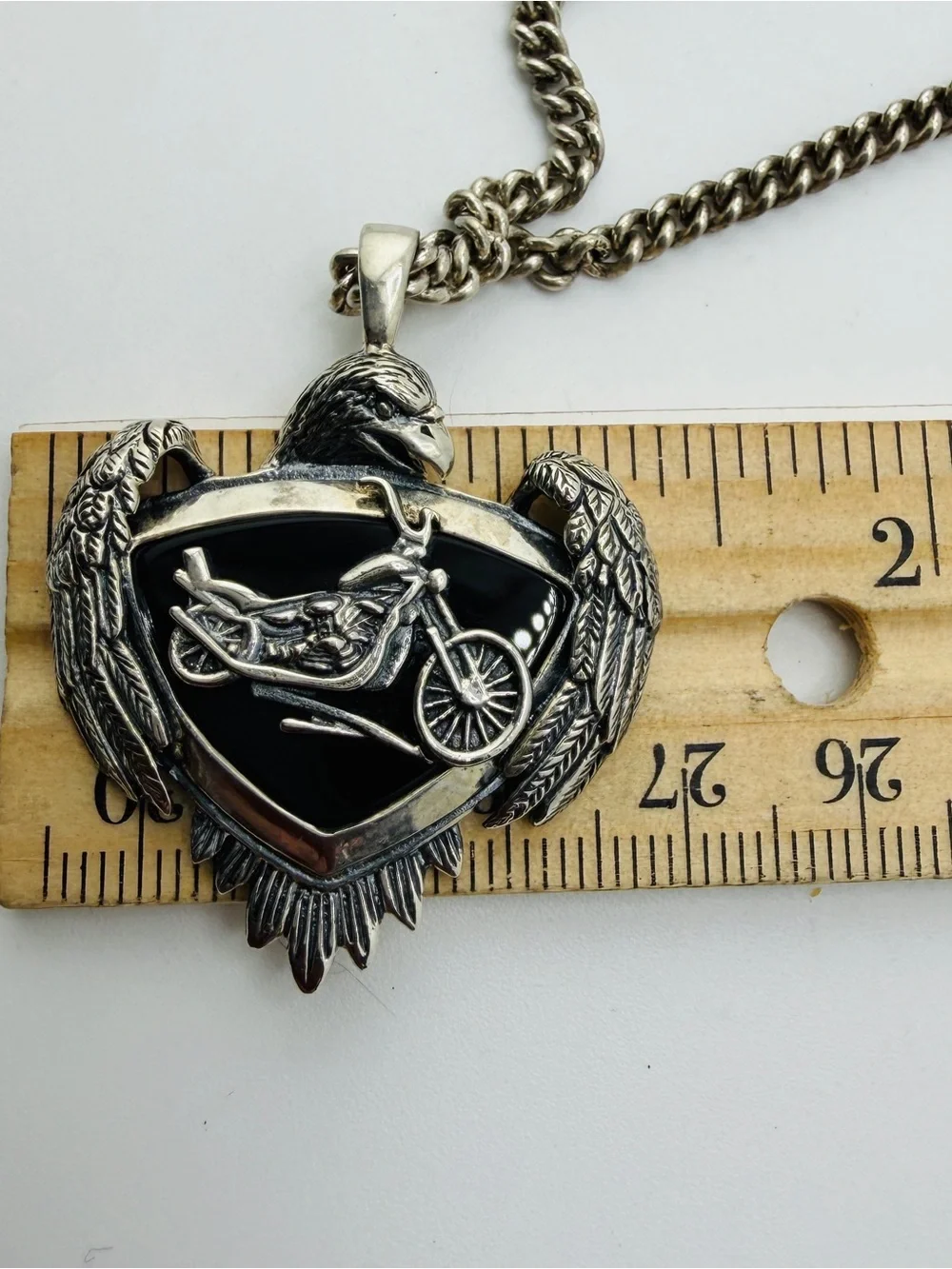 Vintage Silver Eagle Motorcycle Pendant Necklace - Black Accent Men’s Womens